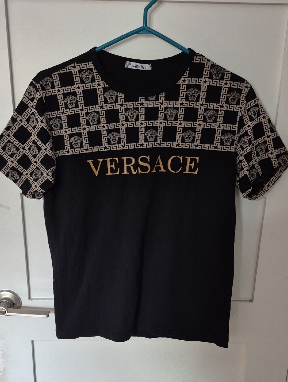 Versace Black T‑Shirt with Gold Logo and Cream Geometric Print Mens Small